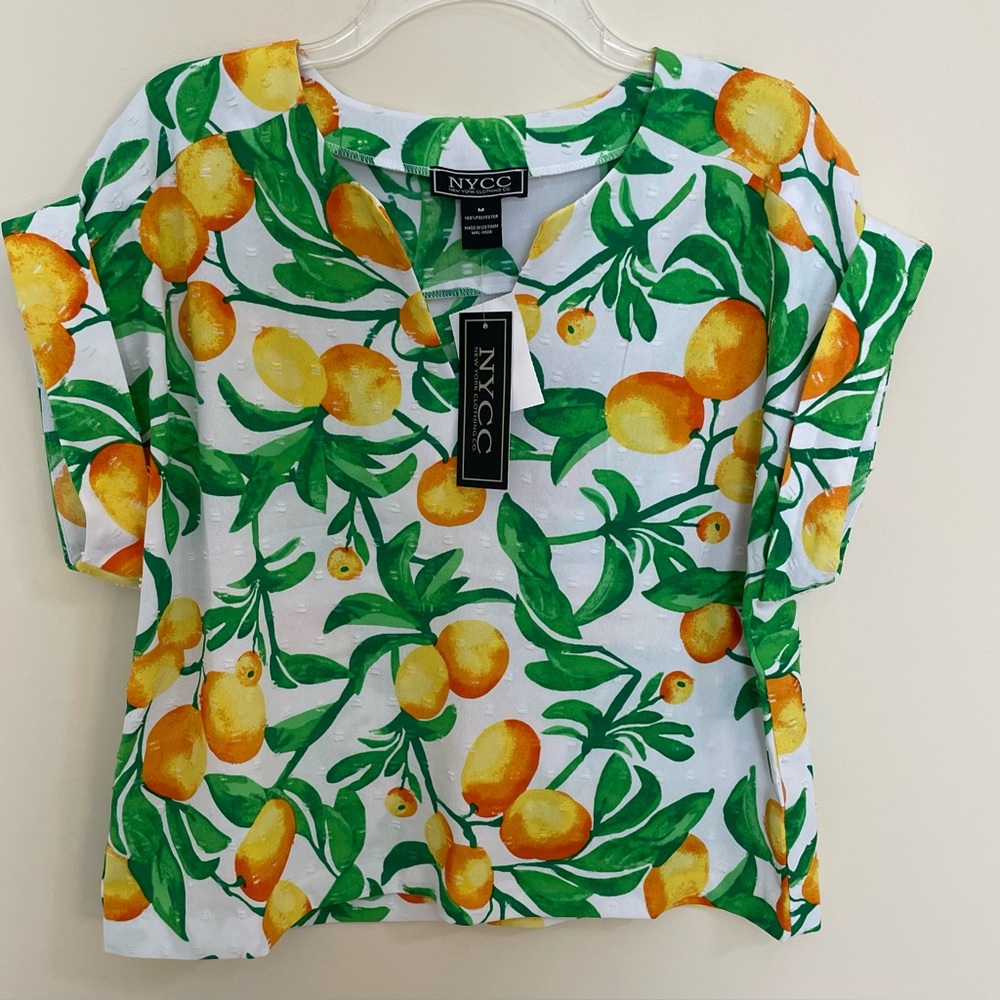 NYCC - NY Clothing Co. Flocked Cuffed Cap Sleeve Crop Blouse W/ Oranges Wm Sz M